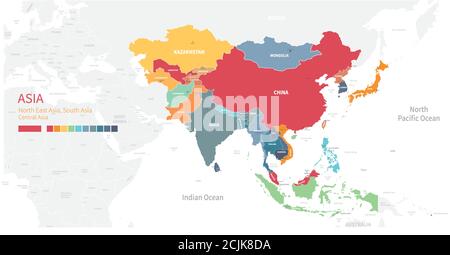Colorful detailed vector map of the Asia countries. Stock Vector