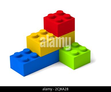 Four colorful toy 3d building block bricks assembly perspective view Stock Photo