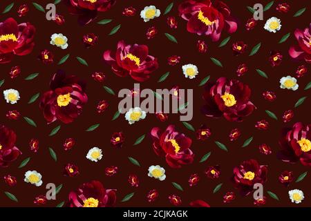 Floral seamless pattern on dark red background Stock Photo
