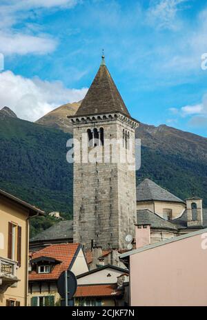 The campanile of Church of San Vittore, the tallest building in the town, built 12th / 13th century, Cannobio, Lake Maggiore, Italy Stock Photo