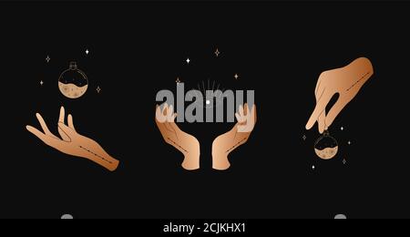 Set of female hands. Witch magic and occult collection. Different vector hand gestures with sword, stars and crystal. Abstract logo for tarot cards Stock Vector