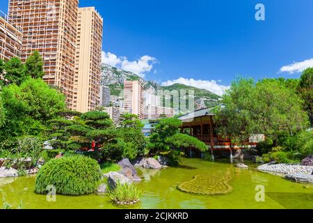 Monte Carlo, Monaco - August 15, 2018: Jardin Japonais de Monaco at sunny day. The Japanese Garden is a municipal park in a city center with free acce Stock Photo