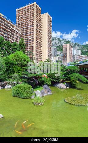Monte Carlo, Monaco - August 15, 2018: The Japanese Garden is a municipal park in a city center with free access. Vertical photo Stock Photo