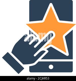 Human chooses a star on phone colored icon. Customer review, add to favorites, rating, quality control symbol Stock Vector