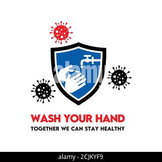 A blue hand wash icon with shield border to represent a way to prevent from the spread of Germs symbol Stock Vector