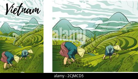 Illustration of farmers planting rice in the fields, rice field terraces in the mountains landscape, Vector rice or tea plantation on a cascading fiel Stock Vector