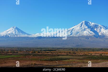 Mount Ararat in Armenia, blue sky no clouds, clear picture from the border to Turkey Stock Photo