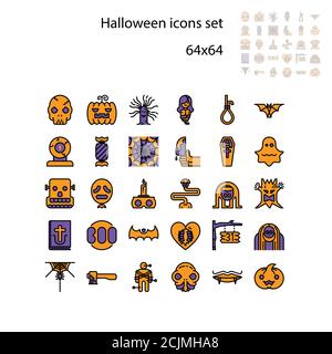 Collection of halloween silhouettes icon. Ghost or Monster. Demon or Satan sign. For celebration, template and decoration. 64x64 pixel perfect icon Stock Vector