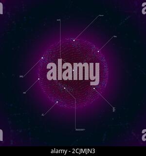 Big data visualization. Glow sphere with waving surface consist of particles. Callout elements. Science, technology theme. Vector illustration. Stock Vector