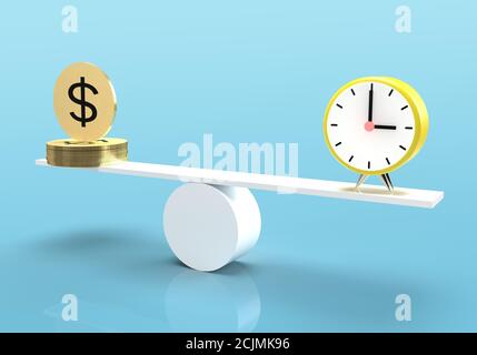 3D rendering of stack of gold dollar coin balancing with alarm clock on seesaw against blue background. Time is money concept Stock Photo