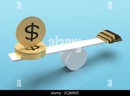 3D rendering of stack of gold dollar coin balancing with gold bars on seesaw against blue background Stock Photo