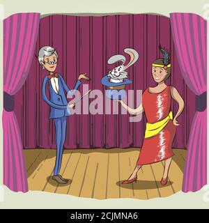 Magician and his assistant girl standing with smiling faces. Moustached man in suit with red cape and top hat. Curly-haired woman in colorful short dr Stock Vector