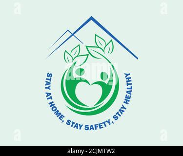 A bold vector sign for stay at home stay safety stay healthy with green swoosh people icon and blue roof of home Stock Vector