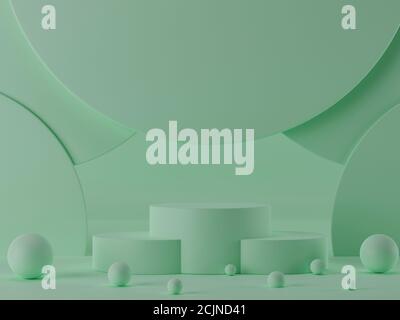 3d rendering cylinder podiums on pastel green background with spheres and circle shapes. Stock Photo