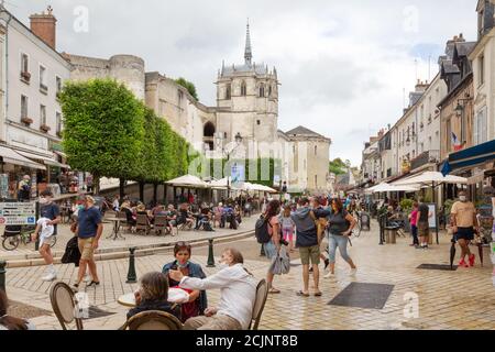 Amboise France - people walking in Amboise old town near the medieval chateau and chapel of Saint Hubert, the Loire Valley France Europe Stock Photo