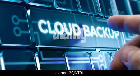 Man Using a Cloud Backup System by Pressing a Button on Futuristic Interface. Business Concept Stock Photo