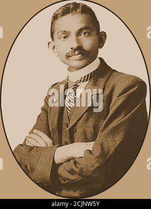 A  portrait of a young Mahatma Gandhi (aged 37) -- Mohandas Karamchand Gandhi (1869 – 1948) was an Indian lawyer, civil rights activist, anti-colonial nationalist, and political ethicist,  who  was famous for his nonviolent resistance in his  successful campaign for India's independence from British rule. Stock Photo