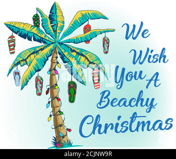 Christmas greeting card with palm tree and tropical leaf. Banner template with luminous garlands for new year holidays. Palm tree decorated with beach Stock Vector