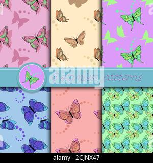 Vector set of seamless patterns with butterflies. Collection of patterns in pastel colors. Stock Vector