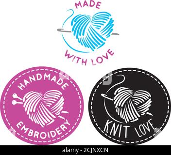 Vector set of logo design templates in made and knitted with love, simple linear style - handmade fashion and crafts badges - emblems handmade embroid Stock Vector
