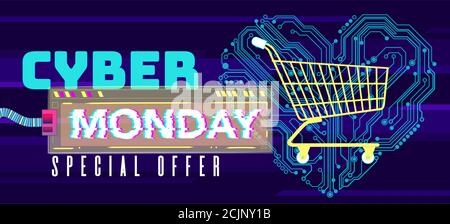 Cyber Monday background with glitch effect. Promo sale horizontal banner design. Abstract vector illustration with geometric shape. virtual shopping c Stock Vector