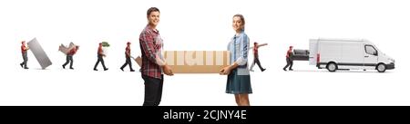 Young man and woman carrying a box and movers with a van in the back isolated on white background Stock Photo