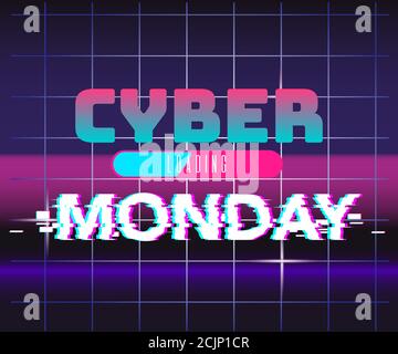 Cyber Monday background with glitch effect. Promo sale horizontal banner design. Abstract vector illustration with geometric shape. virtual shopping c Stock Vector