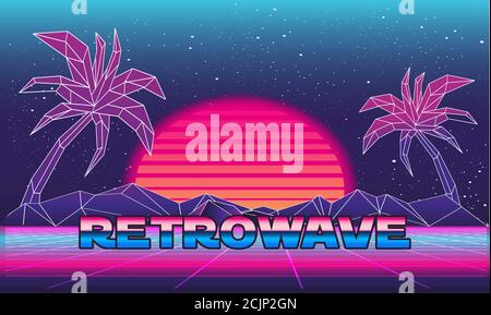 Retro future, slogan give me back 80's, futuristic landscape, mountains. Sci-Fi Background. 80s Party Background. Retro Wave music album cover templat Stock Vector