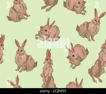 patterns with cute fluffy bunnies standing or sitting, llustration the art of a watercolor drawing of three cute rabbits sitting on a soft light surfa Stock Vector