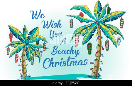 Christmas greeting card with palm tree and tropical leaf. Banner template with luminous garlands for new year holidays. Palm tree decorated with beach Stock Vector