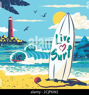 surfing man on a beach palm sand ocean on background banner site poste, hand drawn vector abstract cartoon summer time graphic illustrations art templ Stock Vector