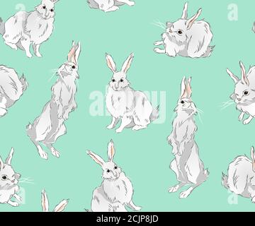 patterns with cute fluffy bunnies standing or sitting, llustration the art of a watercolor drawing of three cute rabbits sitting on a soft light surfa Stock Vector