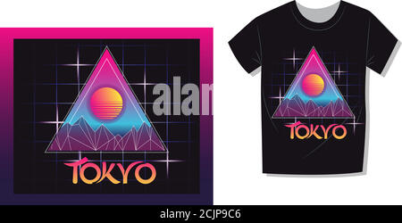 Aesthetic Vaporwave T-shirt Print Template with Sun and Mountains: 90s 80s Retro Japan Cartoon Kawaii Otaku Hipster Style, Synthwave/ Retrowave Neon C Stock Vector
