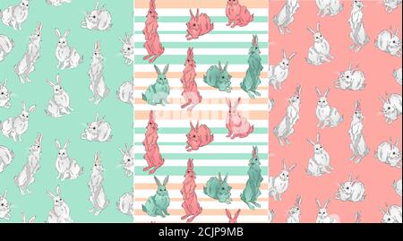 patterns with cute fluffy bunnies standing or sitting, llustration the art of a watercolor drawing of three cute rabbits sitting on a soft light surfa Stock Vector