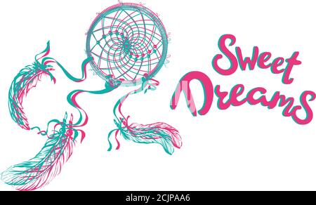white hand drawn dreamcatcher with floral details and feathers, flat ethnic print design dreamcatcher lettering sleep sweet dreams Stock Vector