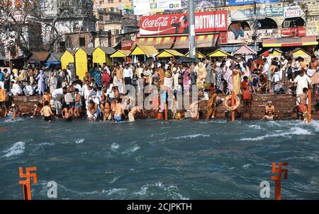 Pilgrims bathing in the Ganges river. Haridwar 