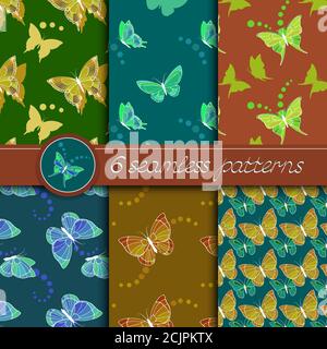 Vector set of seamless patterns with butterflies. Collection of patterns in blue, green, yellow and brown colors. Stock Vector