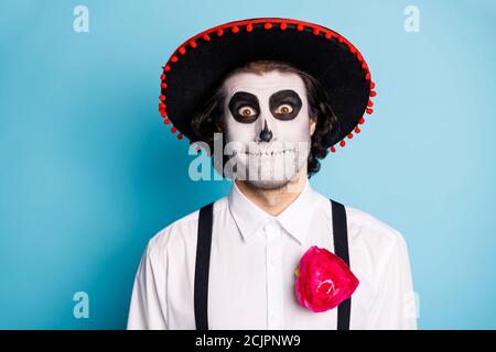 Close-up portrait of his he handsome creepy cheery funny comic gentleman wearing sombrero Santa Muerte celebration theme event isolated bright vivid Stock Photo