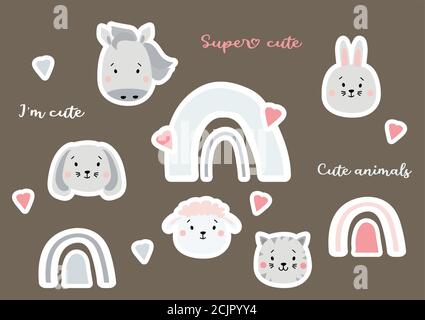 Cute stickers of animal and rainbow portraits. Scandinavian style stickers - a hare and a sheep, a horse and a cat, a dog and a rainbow with a heart Stock Vector