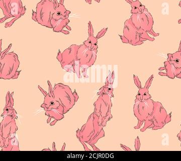 patterns with cute fluffy bunnies standing or sitting, llustration the art of a watercolor drawing of three cute rabbits sitting on a soft light surfa Stock Vector