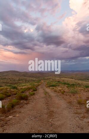 A dirt road leading to a distant monsoon during sunset in the desert of Arizona. Stock Photo