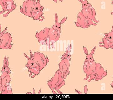 patterns with cute fluffy bunnies standing or sitting, llustration the art of a watercolor drawing of three cute rabbits sitting on a soft light surfa Stock Vector