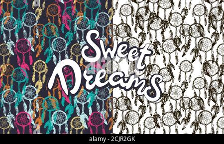 white hand drawn dreamcatcher with floral details and feathers, flat ethnic print design dreamcatcher lettering sleep sweet dreams Stock Vector