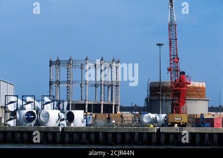 Vestas wind turbine components, port of Great Yarmouth, Norfolk, UK. Stock Photo