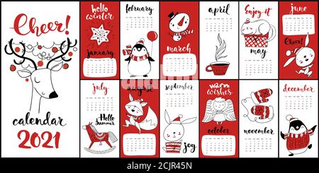 Vector cartoon 2021 calendar with Christmas symbols in red color Stock Vector
