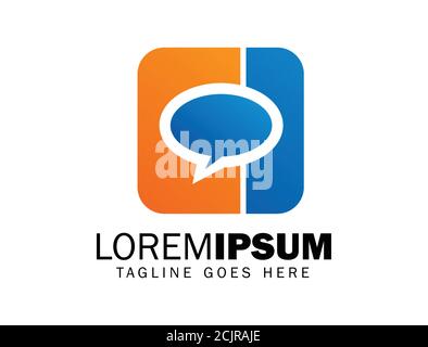 A vector illustration of Bubble chat in square shape logo in blue and orange color Stock Vector