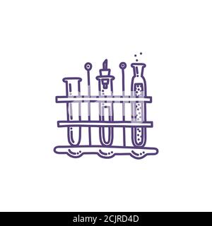 Set of test tubes in a holder for chemical experiments. Glass tubes with some agents for chemical laboratory. Isolated vector illustration in doodle Stock Vector