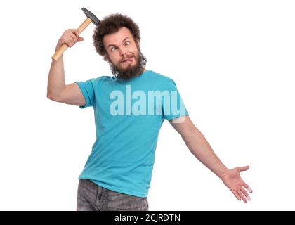 Crazy bearded man with hammer Stock Photo