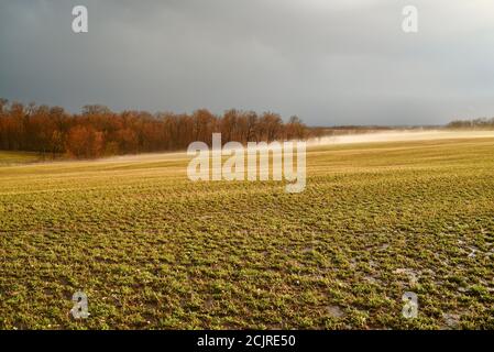 Icy hail covered farm fields, mist rising from ground, with passing ominous and severe hail storm in spring, Browntown, Wisconsin, USA Stock Photo