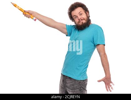 Crazy bearded man with big pencil Stock Photo